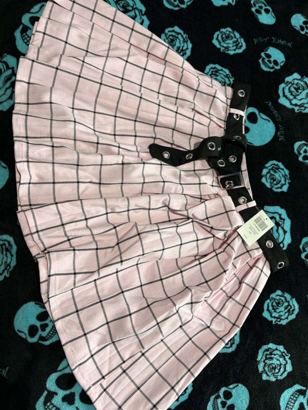 Hot Topic Pink Plaid Skater Skirt with Black Grommet Belt